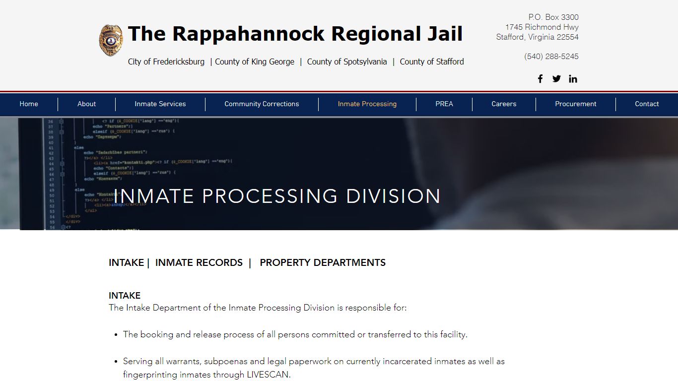 Rappahannock Regional Jail | Inmate Processing
